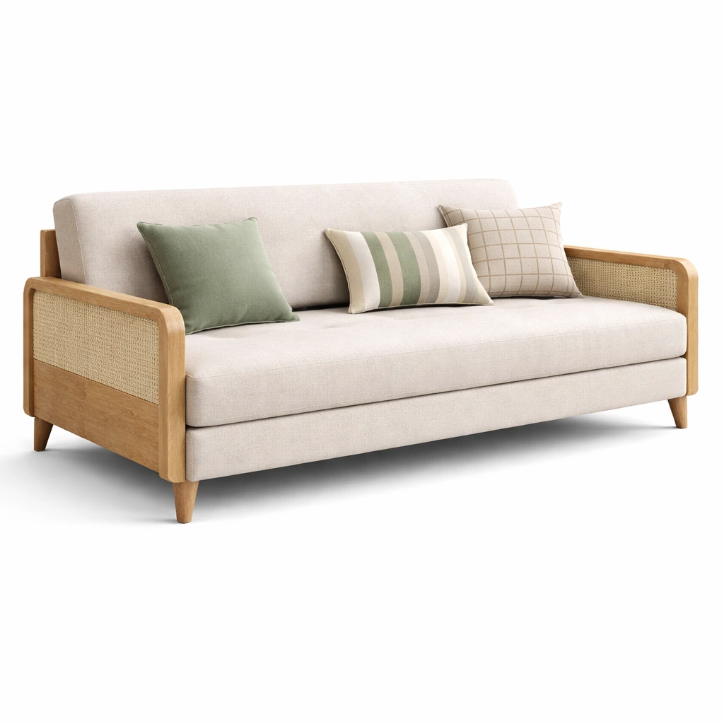Stilvolles sofa mit rattan armlehnen und holzrahmen-kyndrahome.com