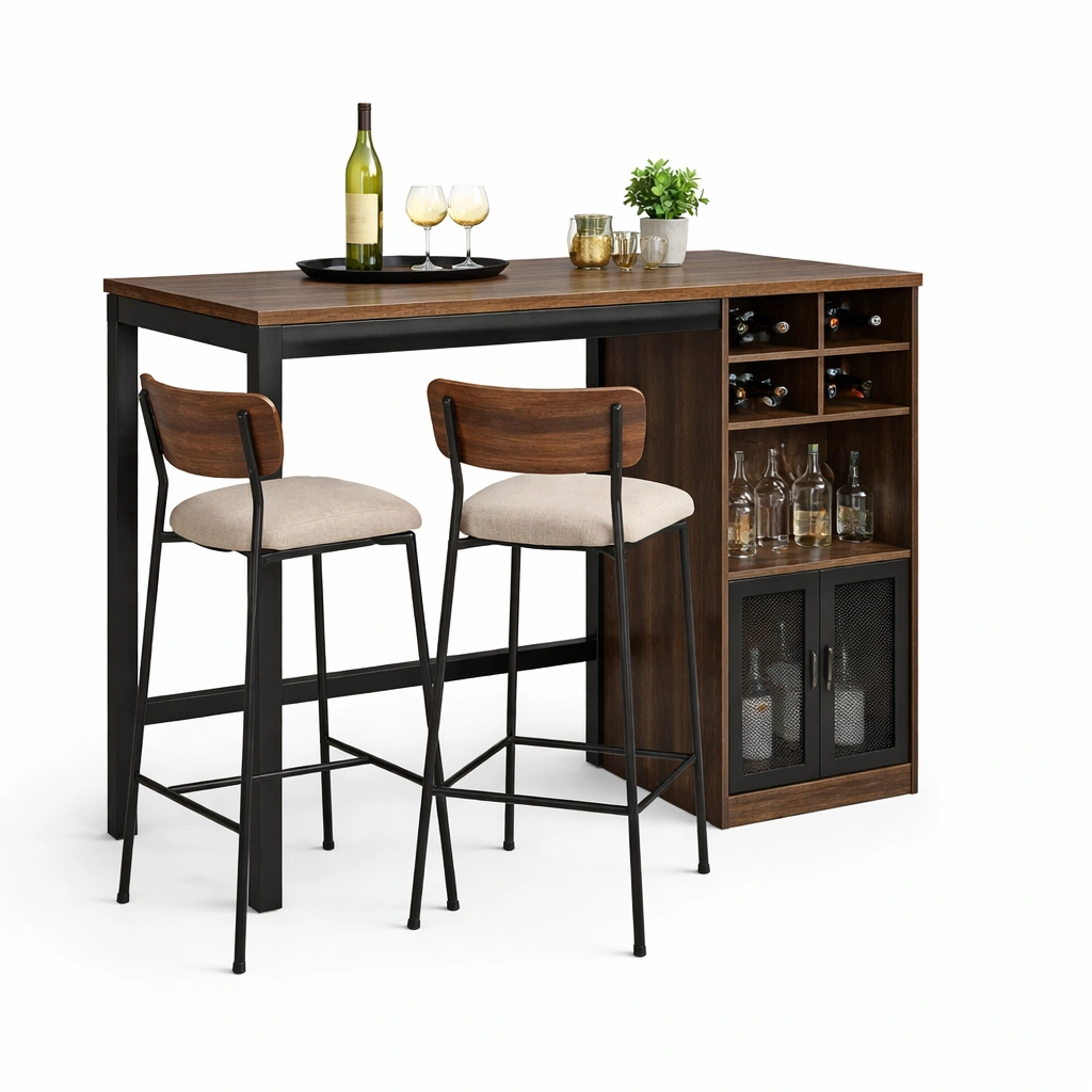 Bartisch Industrial Holz Metall mit Stauraum und Stuehlen-veltraviox