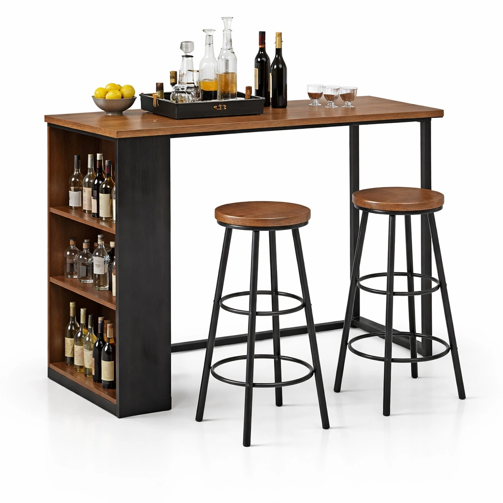 Bartisch Holz Metall mit Regal und Barhockern Modern-veltraviox