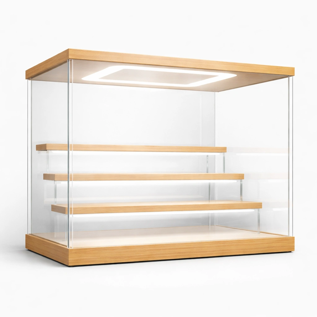 Display Vitrine Glas Holz Modern mit LED Beleuchtung-veltraviox