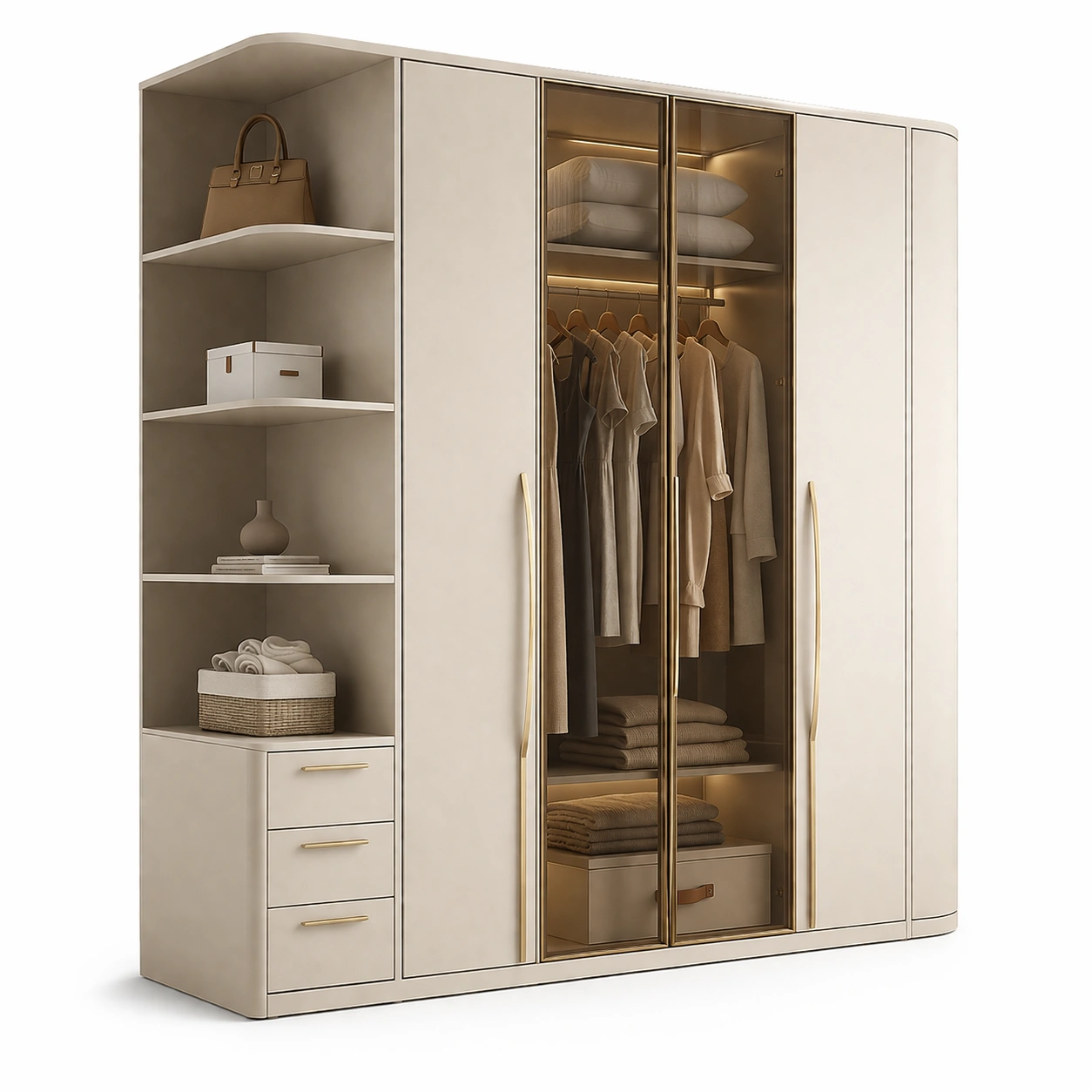 Kleiderschrank Modern Beige Holz mit Glas Tueren LED-veltraviox