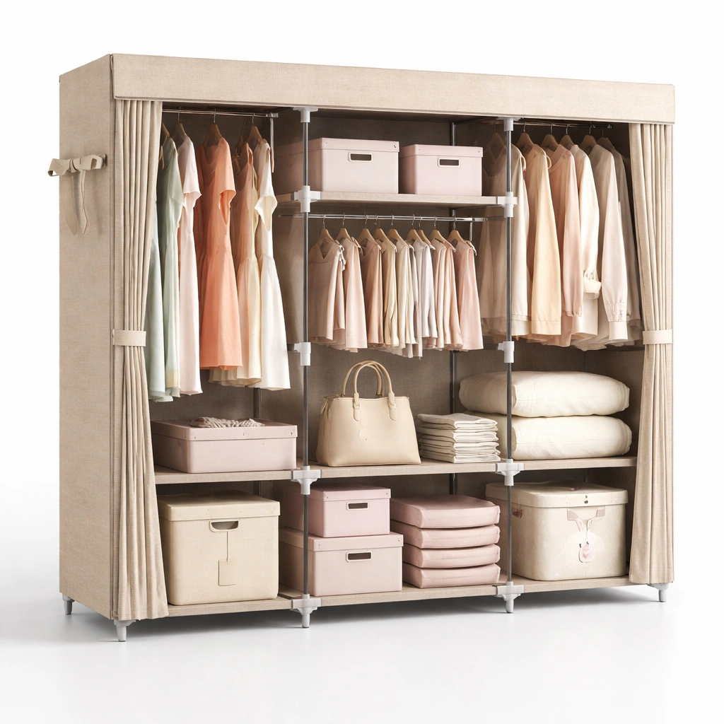 Stoff Kleiderschrank Beige Faltschrank mit Vorhang-veltraviox