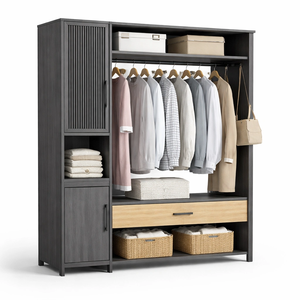 Kleiderschrank Offen Modern Grau Holz mit Schublade und Regal-veltraviox