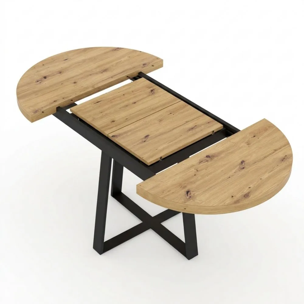 Mesa de comedor extensible estilo nórdico, efecto madera natural, patas de metal grafito, diseño industrial, redonda 110/158 x 90 cm