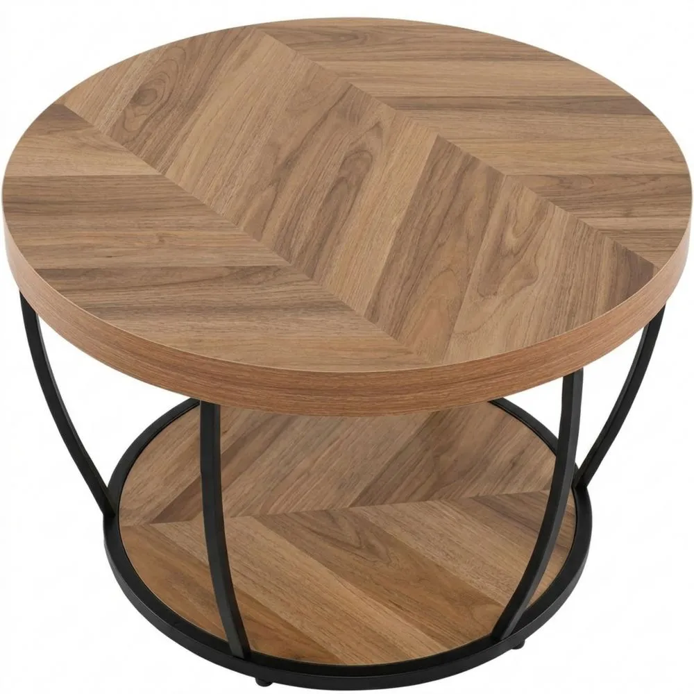 Mesa Auxiliar Redonda de Dos Niveles con Estructura Metálica para Salón, 80 x 80 cm, Estilo Industrial