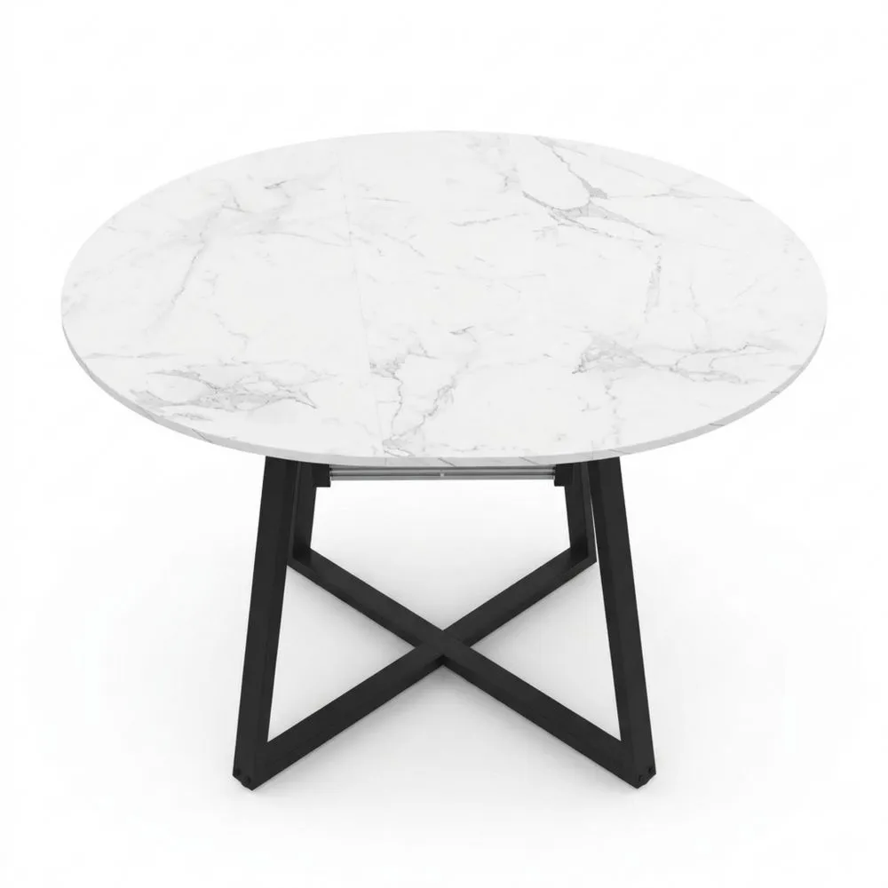 Mesa de comedor redonda extensible para 4-8 personas, mármol blanco y negro 110-150 cm