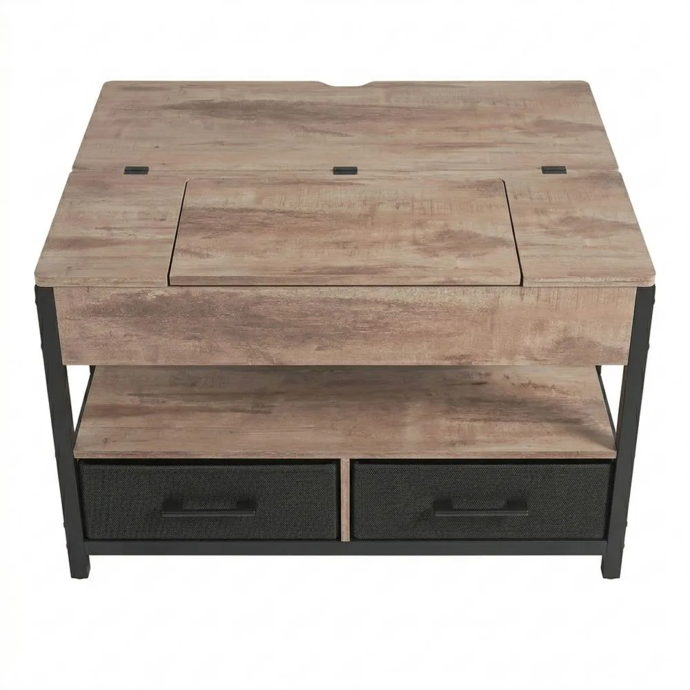 Mesa de Centro Ajustable en Altura con Almacenamiento Oculto y Compartimento Abierto, 2 Cajones, Multifuncional para Sala u Oficina