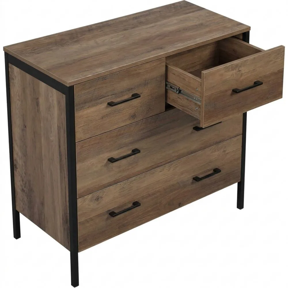 Cajonera de Madera con 4 Cajones para Salón o Dormitorio Estilo Industrial Marrón