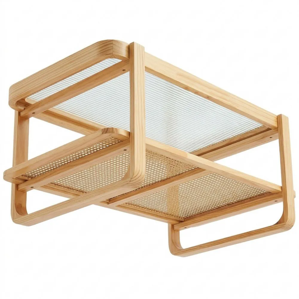 Mesa de Centro Rectangular de Ratán con Superficie de Vidrio Templado, 2 Niveles de Almacenamiento para Sala de Estar