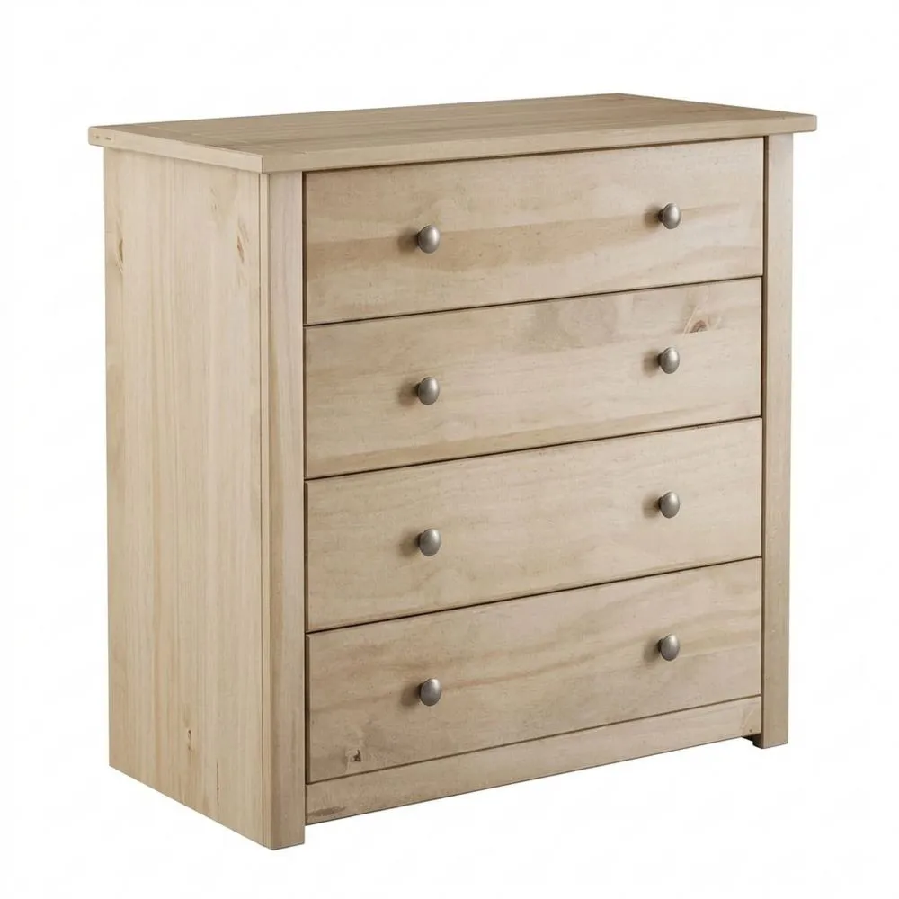 Cómoda de 4 Cajones de Madera Maciza con Acabado Natural