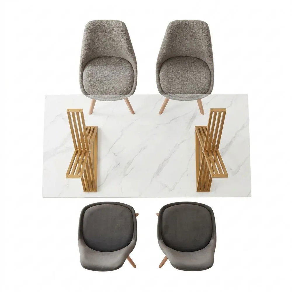 Mesa de comedor rectangular para 6 personas, base de metal, efecto mármol blanco/dorado