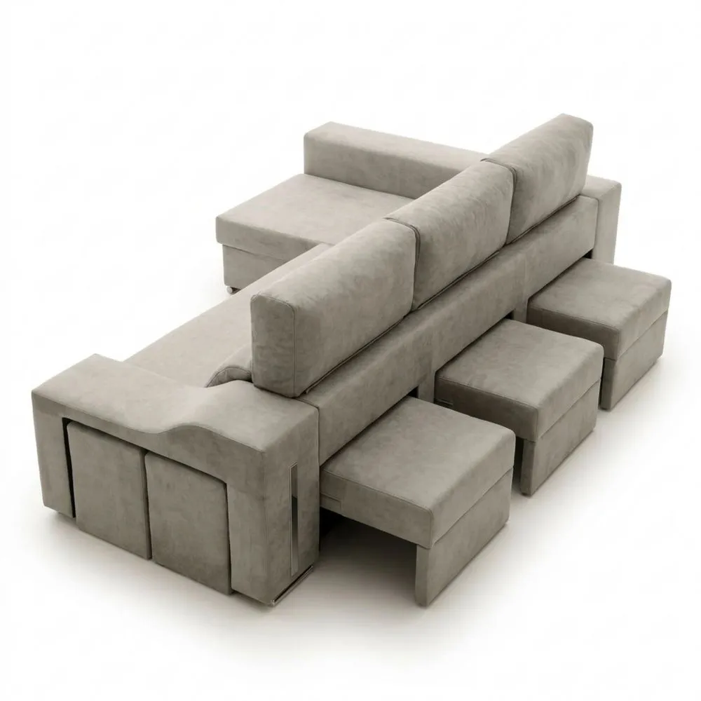 Sofá Chaise Longue Cama con Arcón y Puf Gris Izquierda