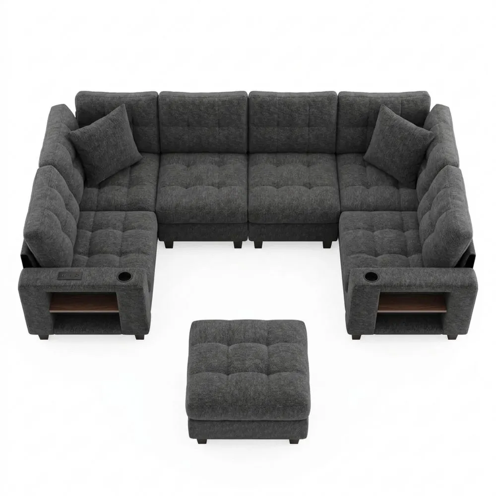 Sofá modular esquinero de 6 plazas con USB y puf extraíble