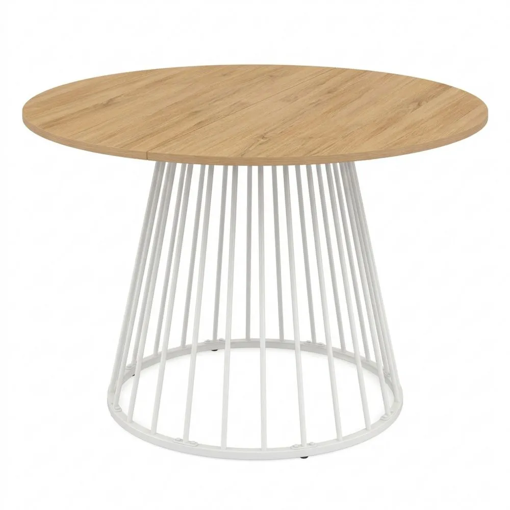 Mesa de Comedor Redonda Extensible para 4-8 Personas, Bandeja de Madera y Patas de Metal, 110-150 cm, Blanca