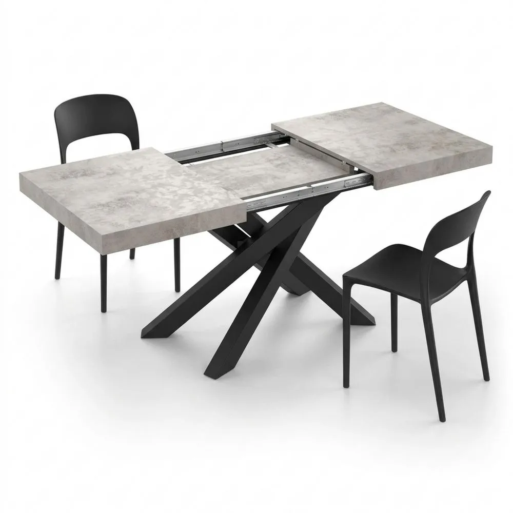 Mesa extensible para comedor, 140 (220) x 90 cm, color cemento gris con patas en cruz negras, para 6-10 personas