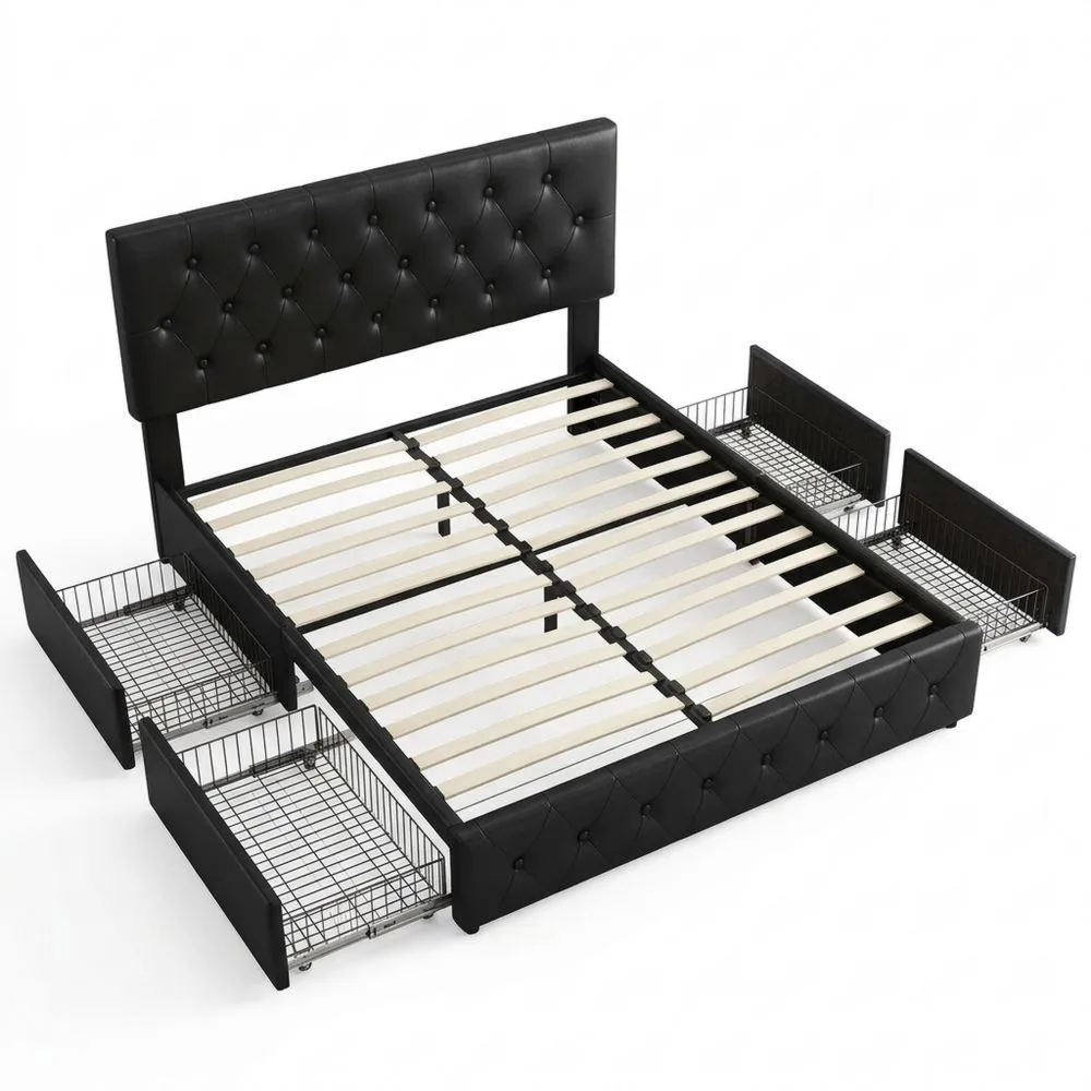 Cama Tapizada de Cuero Doble con Cajones, Cabecero Ajustable, Soporte con Listones de Madera, Espacio de Almacenamiento, 160 x 200 cm, Negro