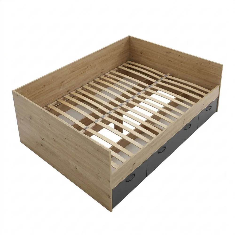 Cama Individual Moderna con Cajones Integrados, 90 x 200 cm, Roble Artesanal y Grafito