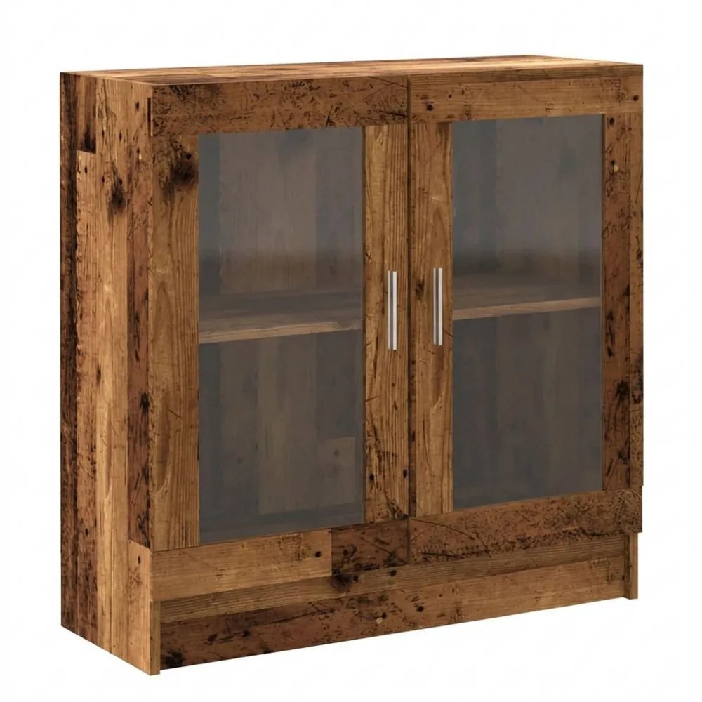 Vitrina de Cristal con 2 Estantes de Madera Antigua para Sala de Estar u Oficina