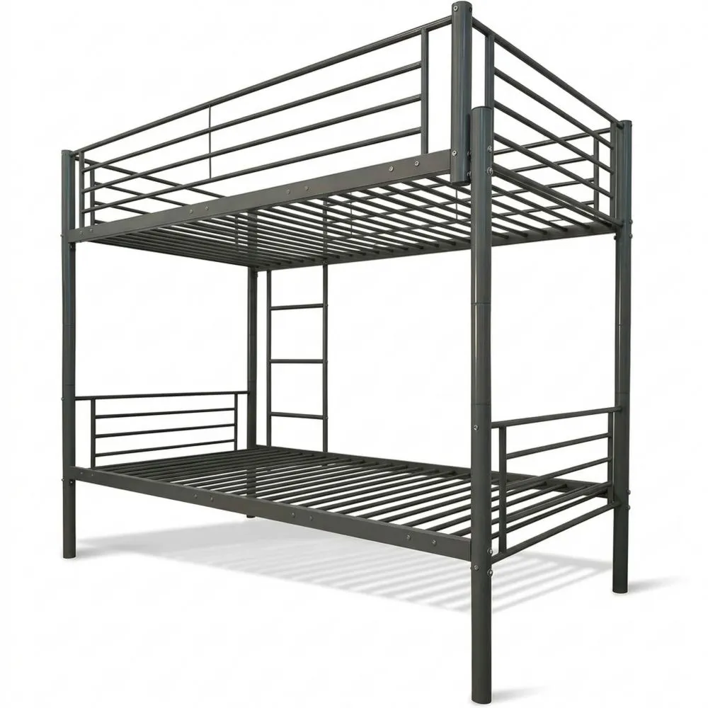 Litera de metal 90 x 190 cm con escalera y barandilla de seguridad, diseño funcional y compacto para habitaciones juveniles o de invitados