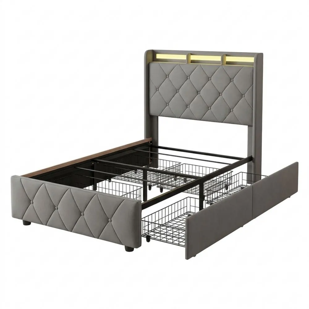 Cama Individual con LED y USB, Somier con 2 Cajones de Almacenamiento