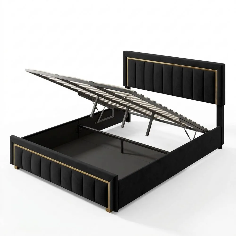 Cama Doble Tapizada con Almacenamiento, Base de Láminas y Cabecero