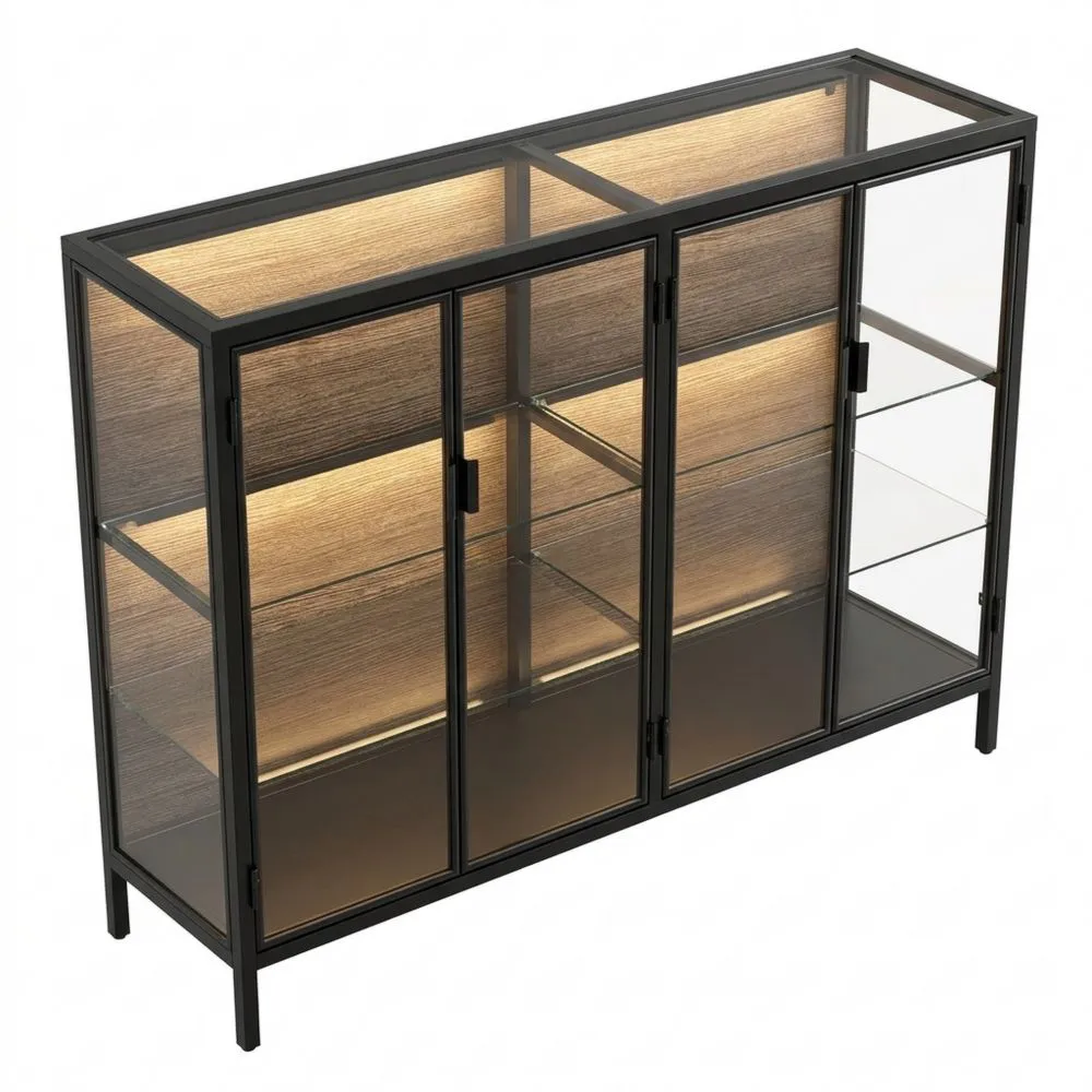 Vitrina de Cristal de 2 Puertas con Iluminación LED, Estructura de Hierro, 40 x 140 x 75 cm, Negro