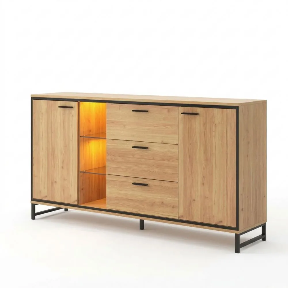 Aparador con Luz LED y Compartimento Abierto, 3 Cajones y 2 Puertas, Mueble para Salón, 160 x 40 x 85 cm, Negro y Madera