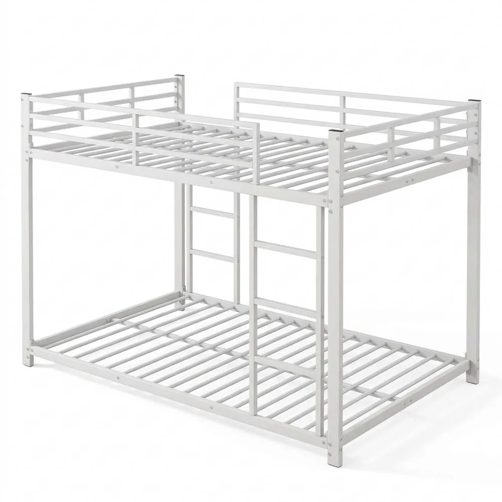 Cama Litera con Escalera en Ángulo Derecho y Protección para Niños, Estructura Metálica Clásica (Blanco, 140 x 200 cm)