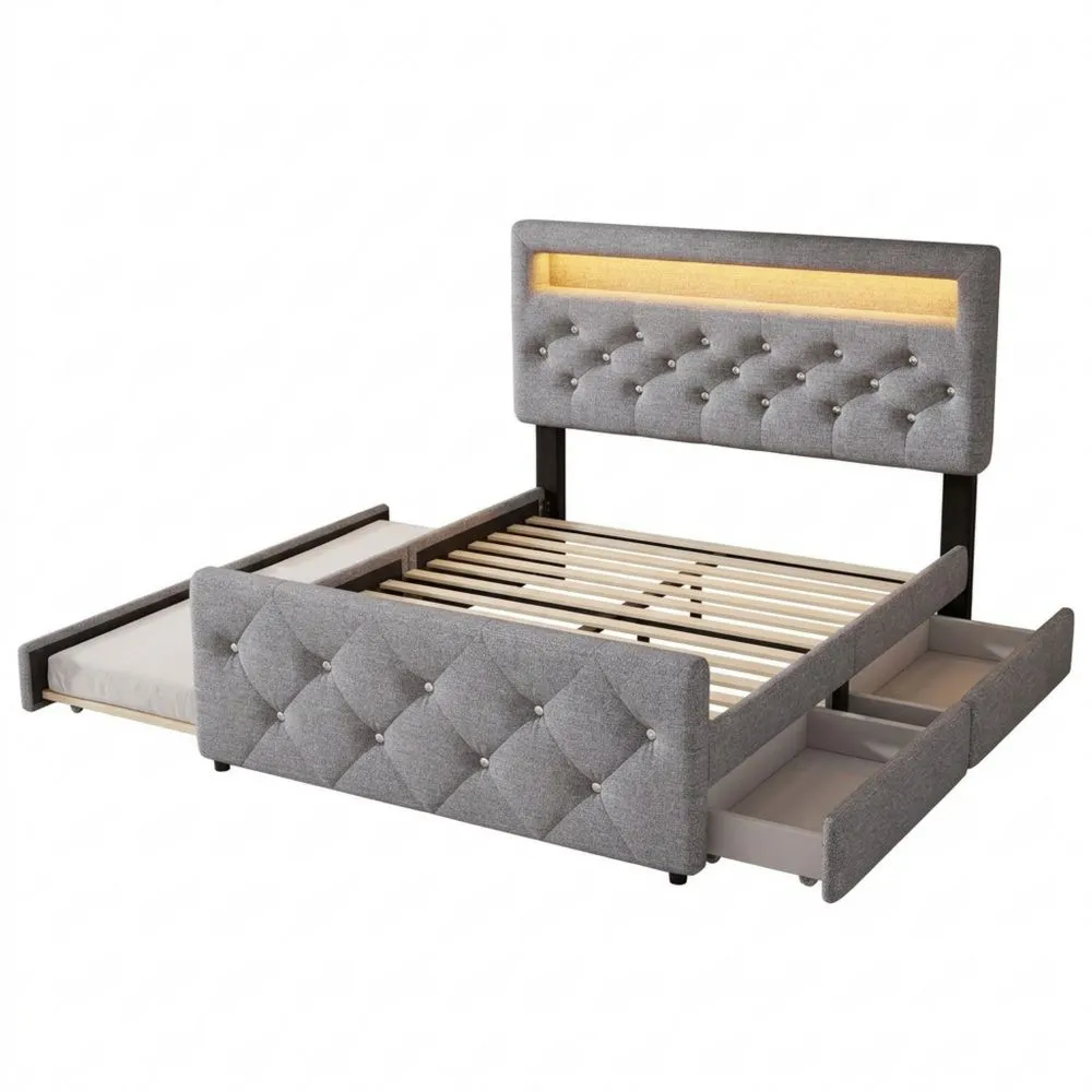 Cama Doble Tapizada con Cajones y Luz LED (Gris)