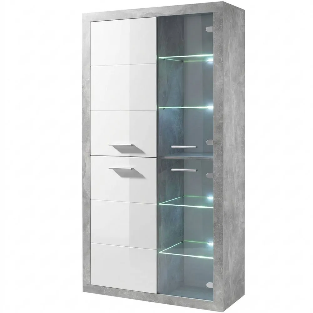 Vitrina Moderna con Acabado de Hormigón y Alto Brillo en Blanco, Iluminación LED y Amplio Espacio de Almacenamiento, 92 x 194 x 37 cm