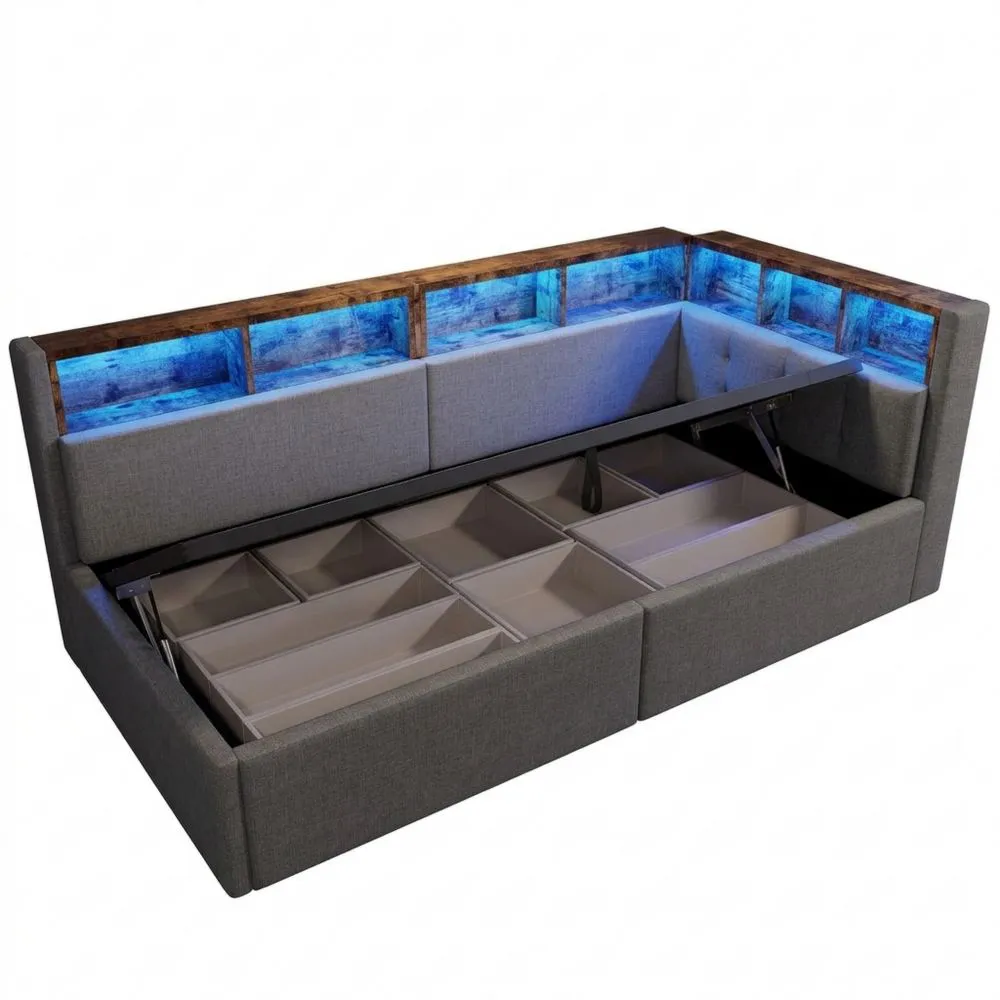 Cama nido con conectores USB y Type-C, almacenamiento hidráulico, compartimentos múltiples, tira LED multicolor, sin colchón, lino gris