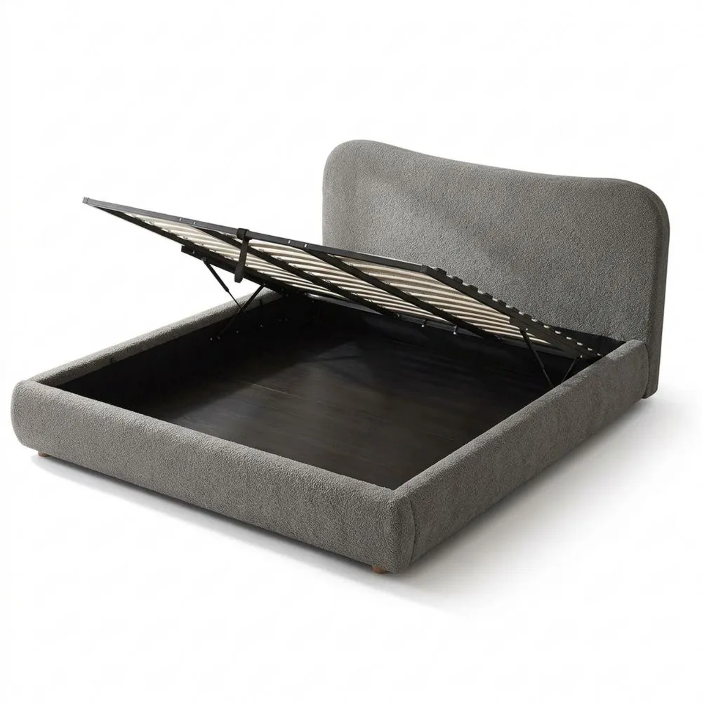 Cama Tapizada con Almacenamiento, Somier con Mecanismo Elevable, Cama Doble de Tela Suave, Color Gris Oscuro, Tamaño 180 x 200 cm