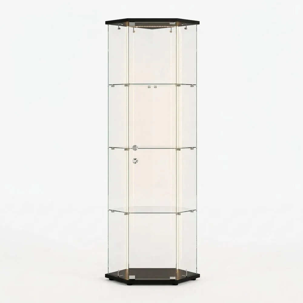 Vitrina de Cristal Esquinera de 4 Niveles con Luz LED y Cerradura