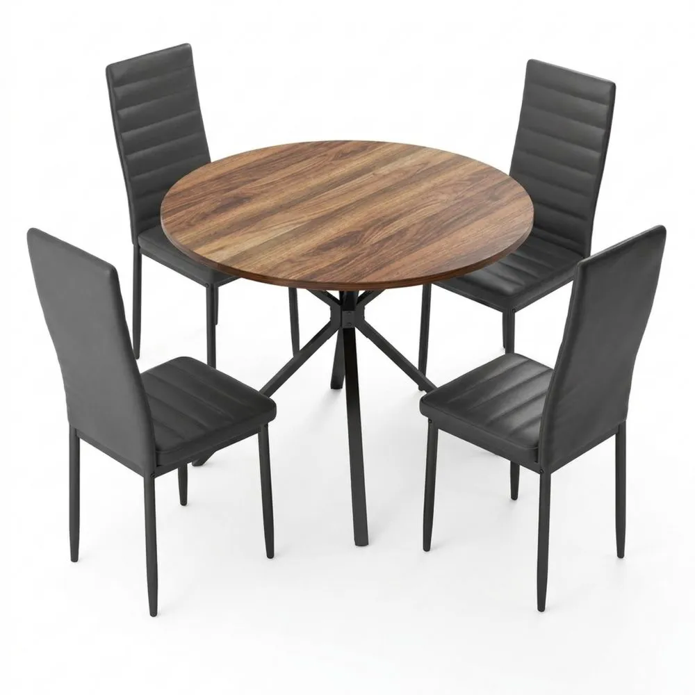 Conjunto de Comedor con Mesa y 4 Sillas Tapizadas Negras, Estilo Moderno y Retro