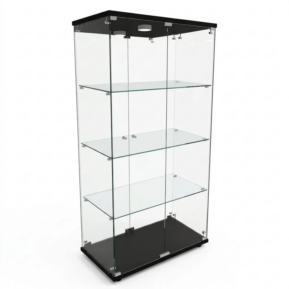 Vitrina de Cristal con LED, Puertas Cerrables, Estanterías y Espejo