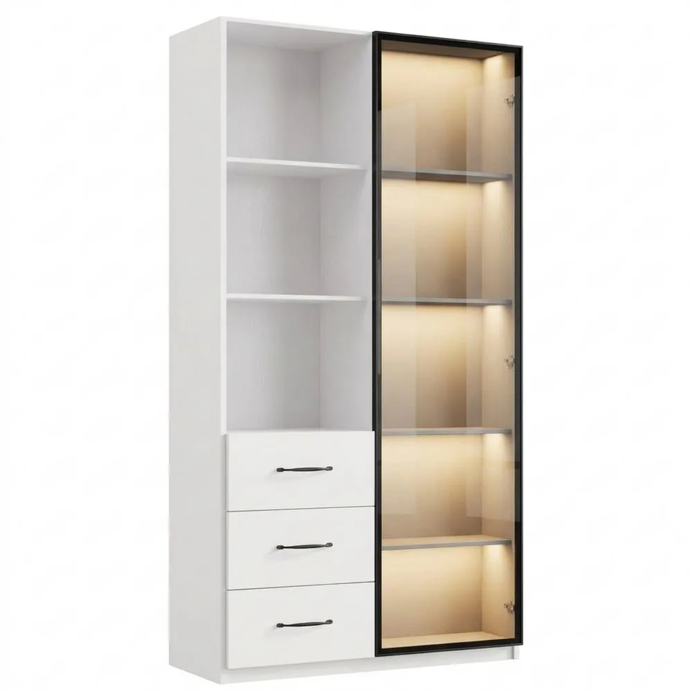 Vitrina con Puerta de Vidrio Templado, 3 Cajones y Compartimentos Abiertos, Estructura de Aluminio, Luces LED Multicolor, Blanco