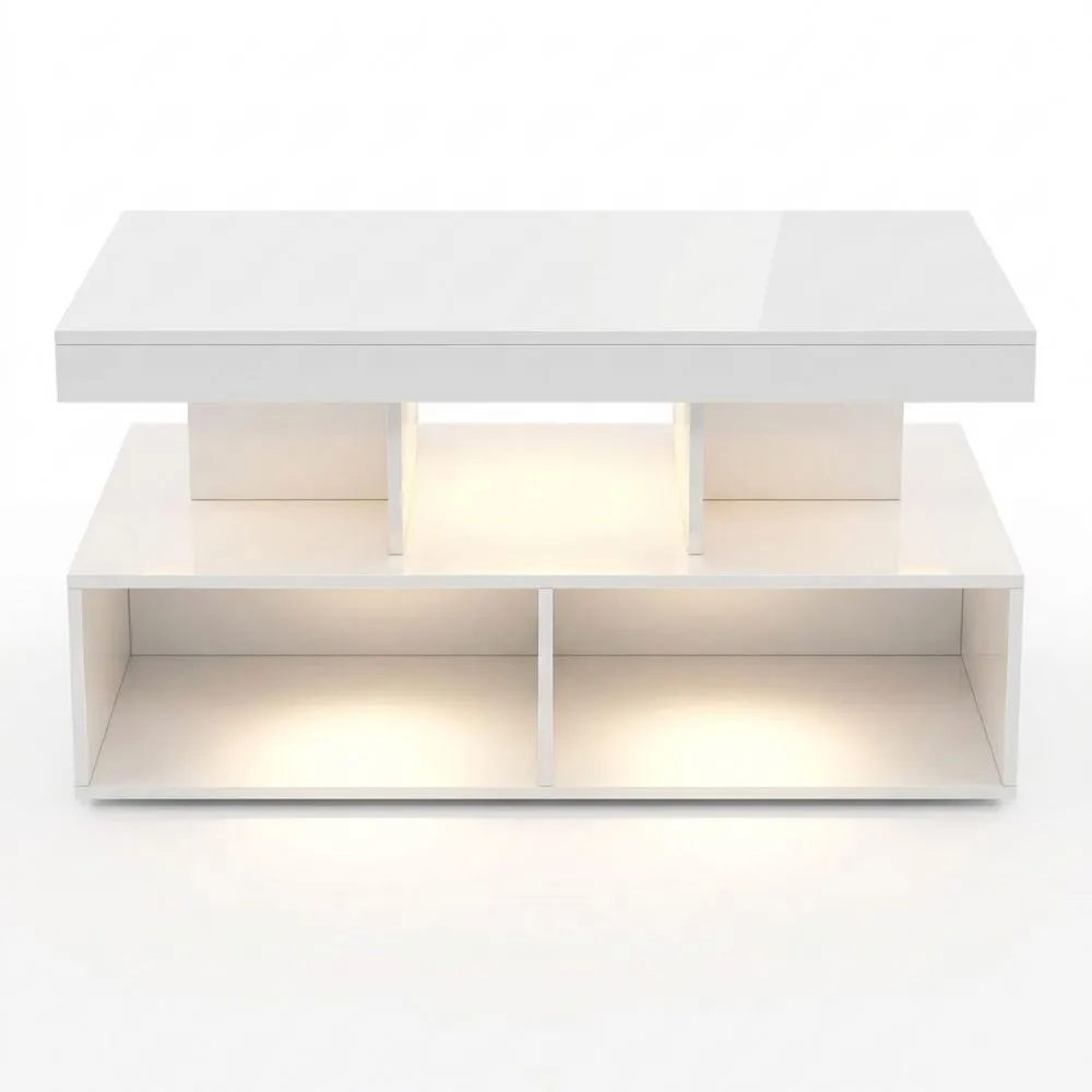 Mesa de Centro LED Rectangular con 2 Cajones, Mesa Moderna para Sala de Estar, Color Blanco
