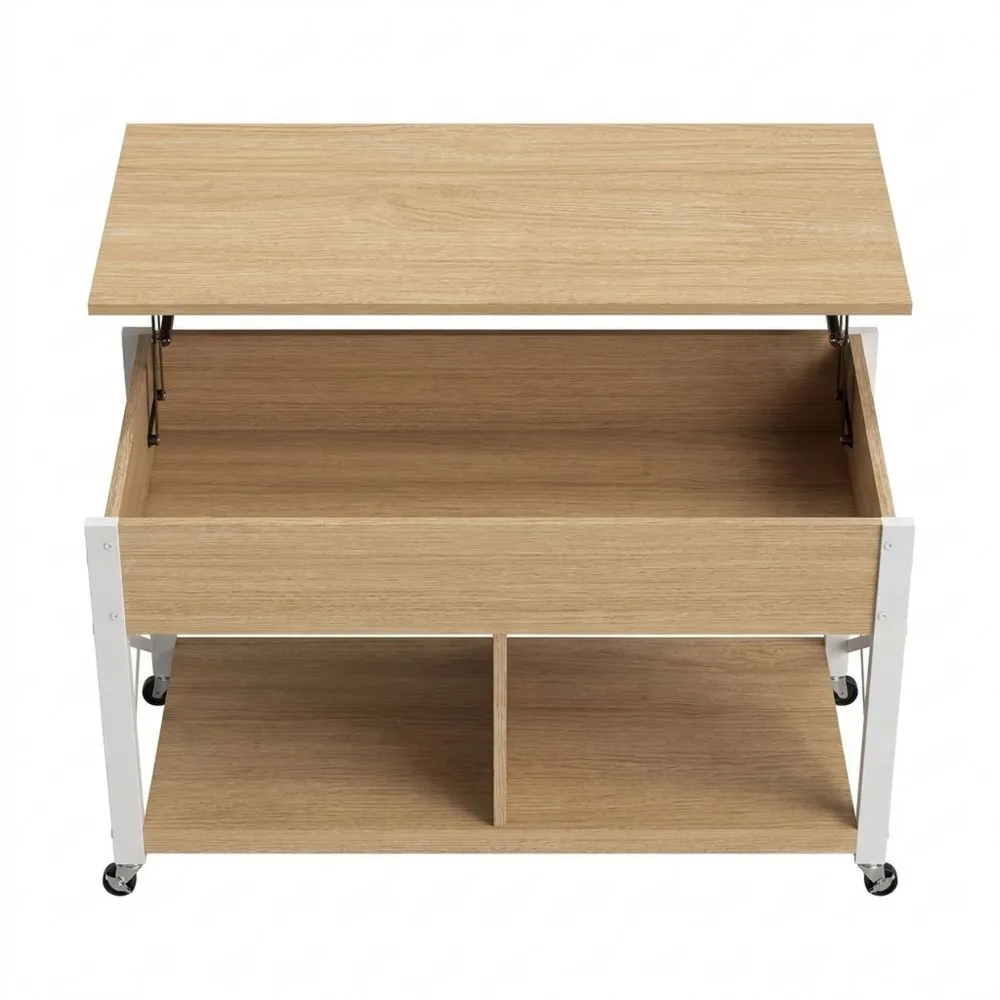 Mesa de Centro Elevable con Ruedas, Compartimento Oculto y Estantes Abiertos, 105 x 50 x 67 cm, Madera Natural y Blanca
