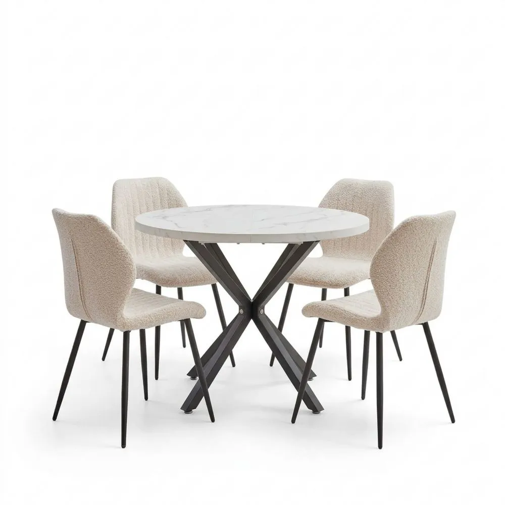 Conjunto de mesa redonda de comedor de 100 cm con 4 sillas de tela de lino para comedor, cocina y sala de estar