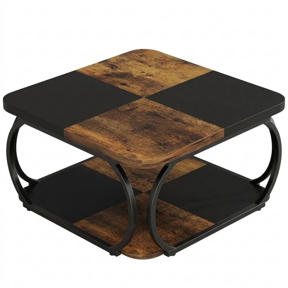 Mesa de Centro Cuadrada para Sala de Estar, Madera y Acero con Estantes, Diseño Industrial, Marrón