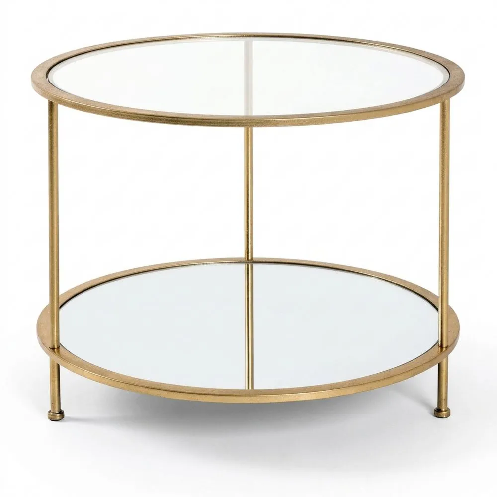 Mesa auxiliar de oro en metal y vidrio de seguridad, estilo Art Deco, 45 cm alto x 60 cm diámetro