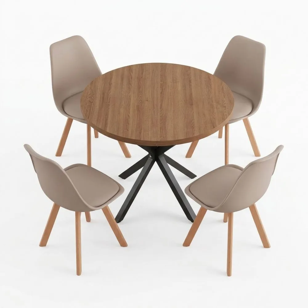 Conjunto de comedor con mesa redonda y 4 sillas de respaldo alto, madera oscura y caqui