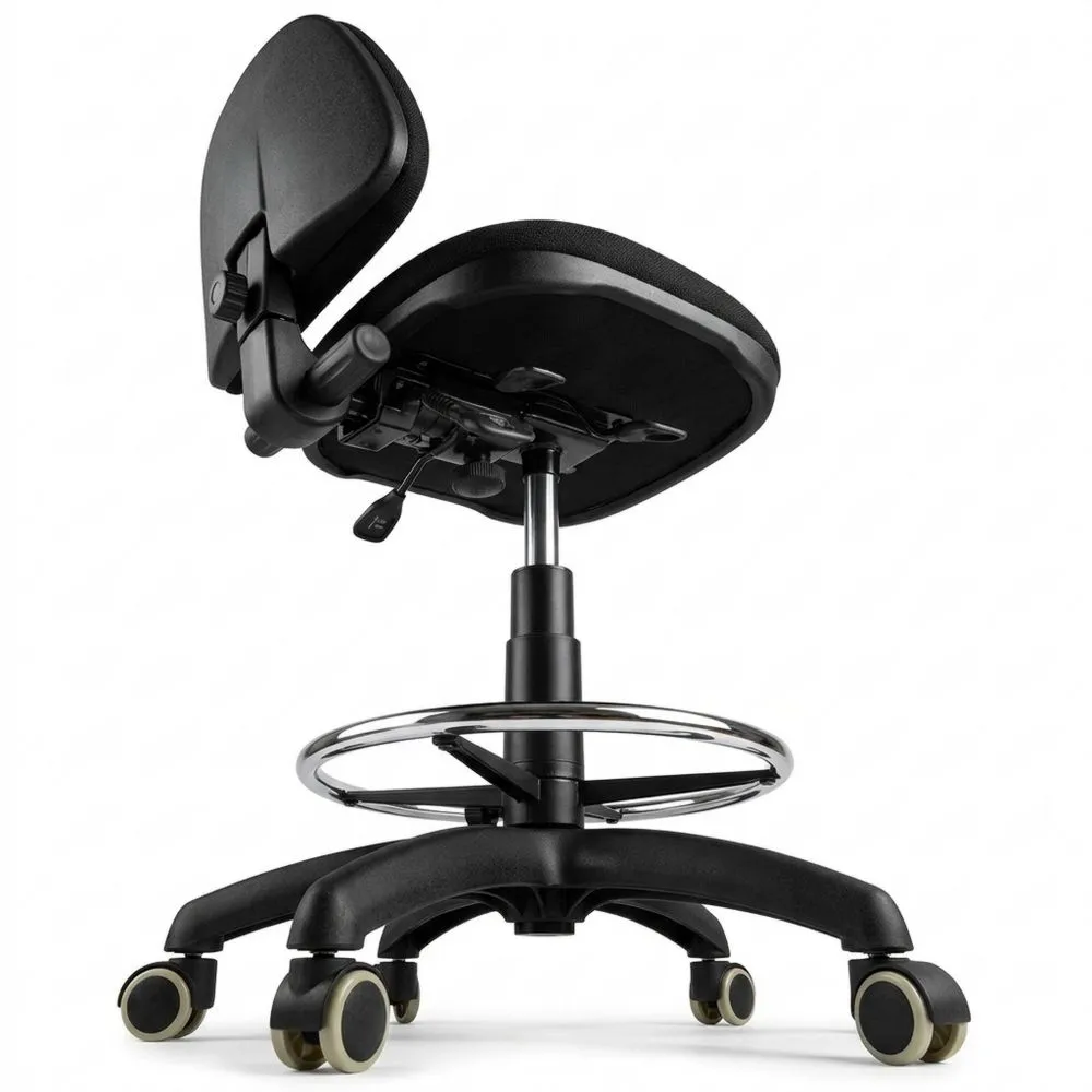 Taburete Ergonómico Ajustable en Altura con Aro para Pies y Ruedas para Parquet Negro