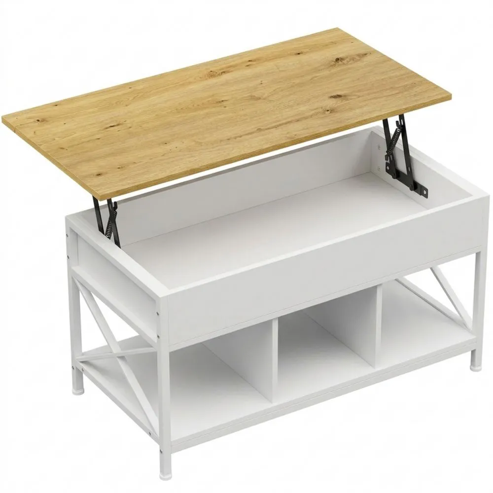 Mesa de Centro Elevable con Almacenamiento, Estilo Industrial, Blanca y Madera