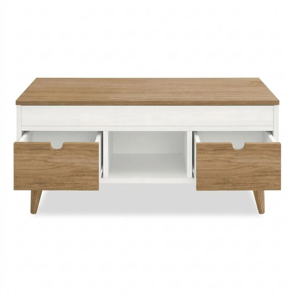 Mesa de Centro Elevable de Madera Maciza Natural, Blanco y Encerado, 100x50x47 cm