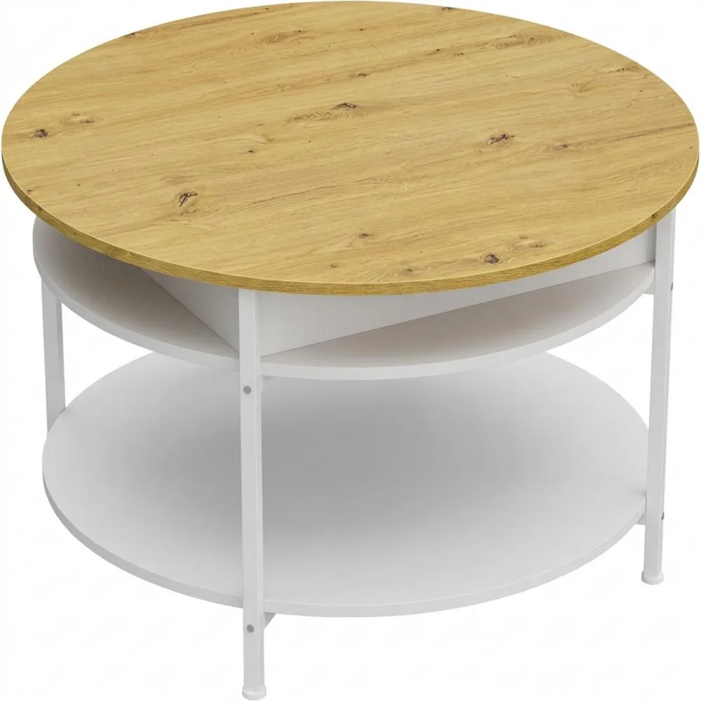 Mesa de Centro Elevable Redonda con Almacenamiento Oculto, Blanca y de Madera, 90 x 90 cm