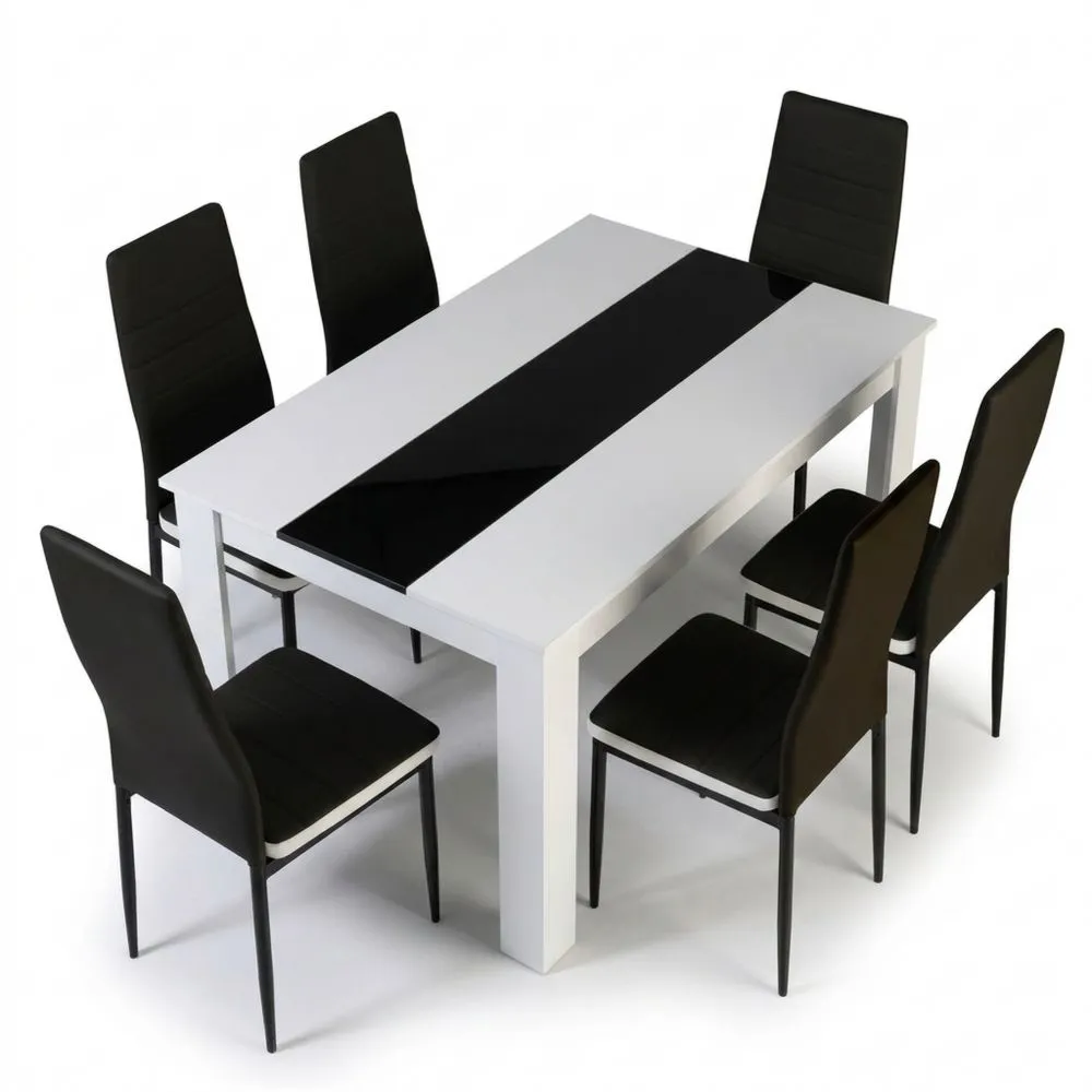 Conjunto de mesa de comedor blanco y negro de 140cm con 6 sillas negras