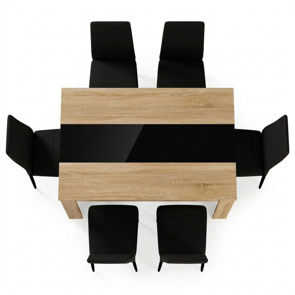 Mesa de comedor 140 cm en haya falsa y negro con 6 sillas romanas negras