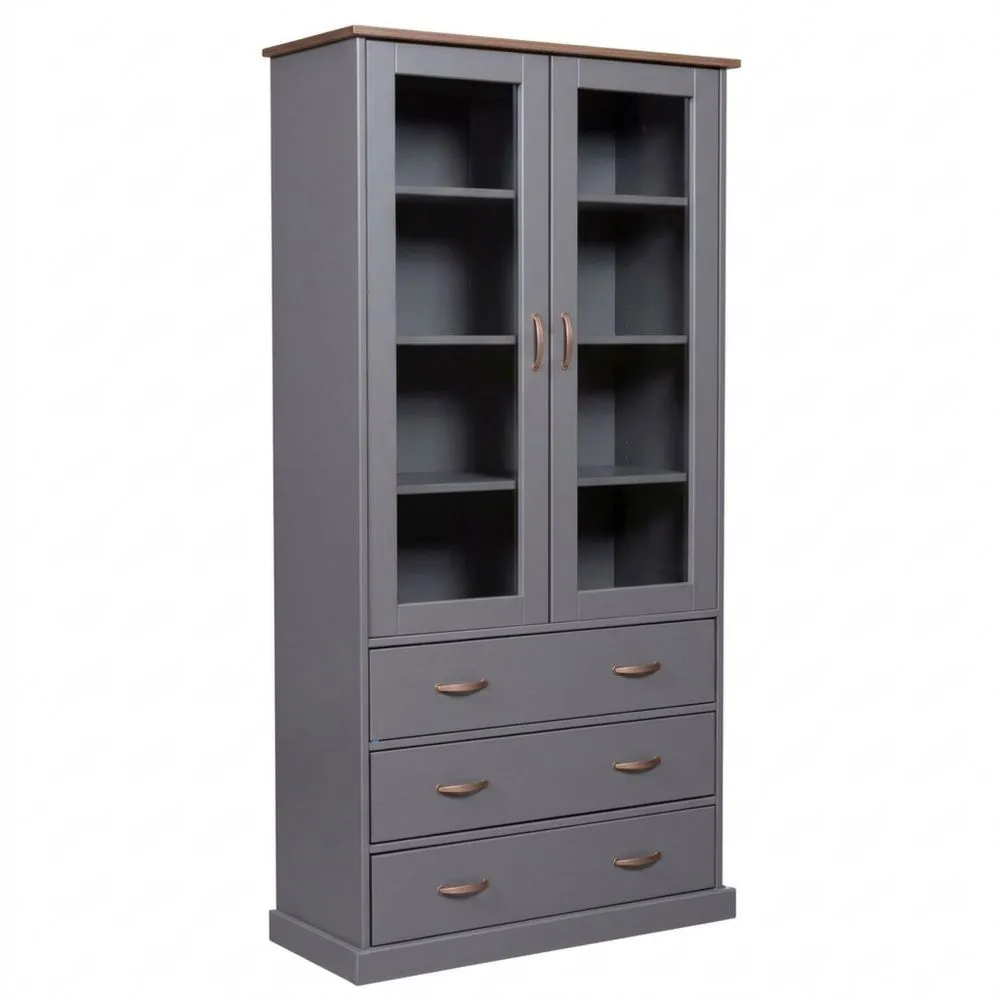 Vitrina aparador rústica de madera maciza FSC con 2 puertas y 3 cajones