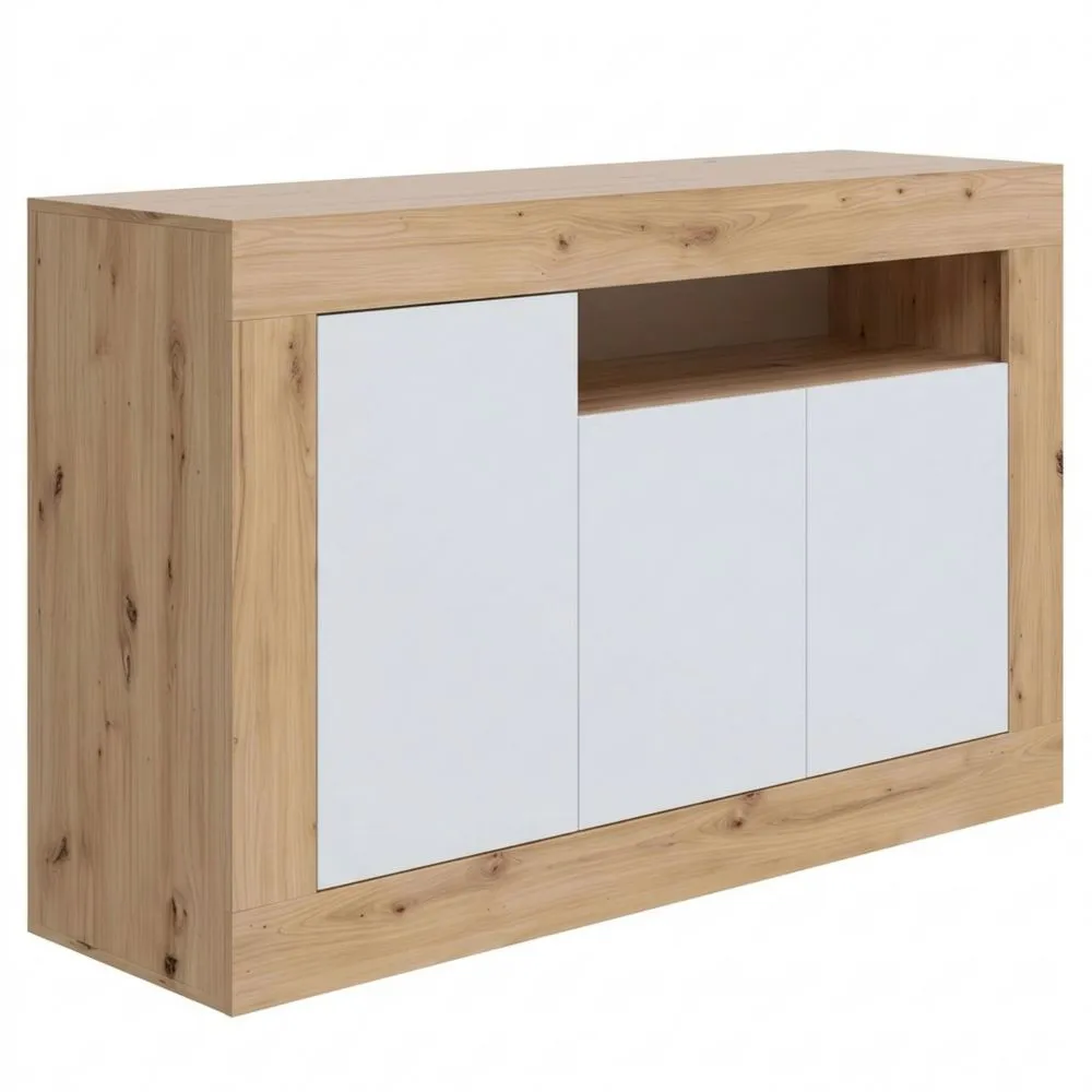 Aparador de 3 Puertas para Sala de Estar en Blanco y Roble